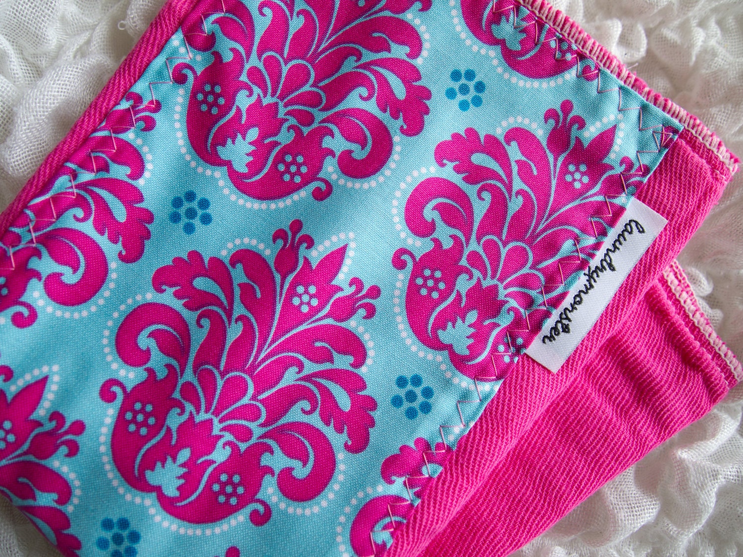 Baby burp cloth - Hot pink and turquoise damask hand dyed burp cloth
