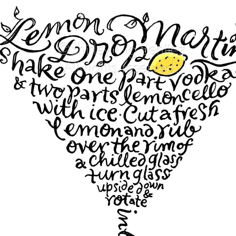 Handlettered Lemon Drop Martini Recipe Art Piece - Black and Yellow