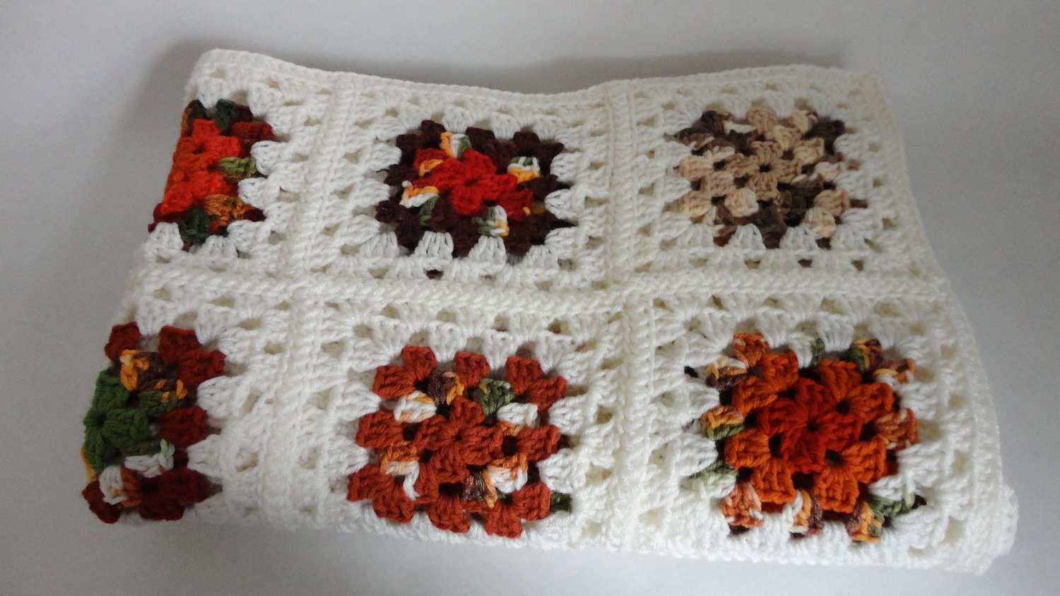 VINTAGE white // autumnal colored granny square AFGHAN THROW - reserved for Katie -