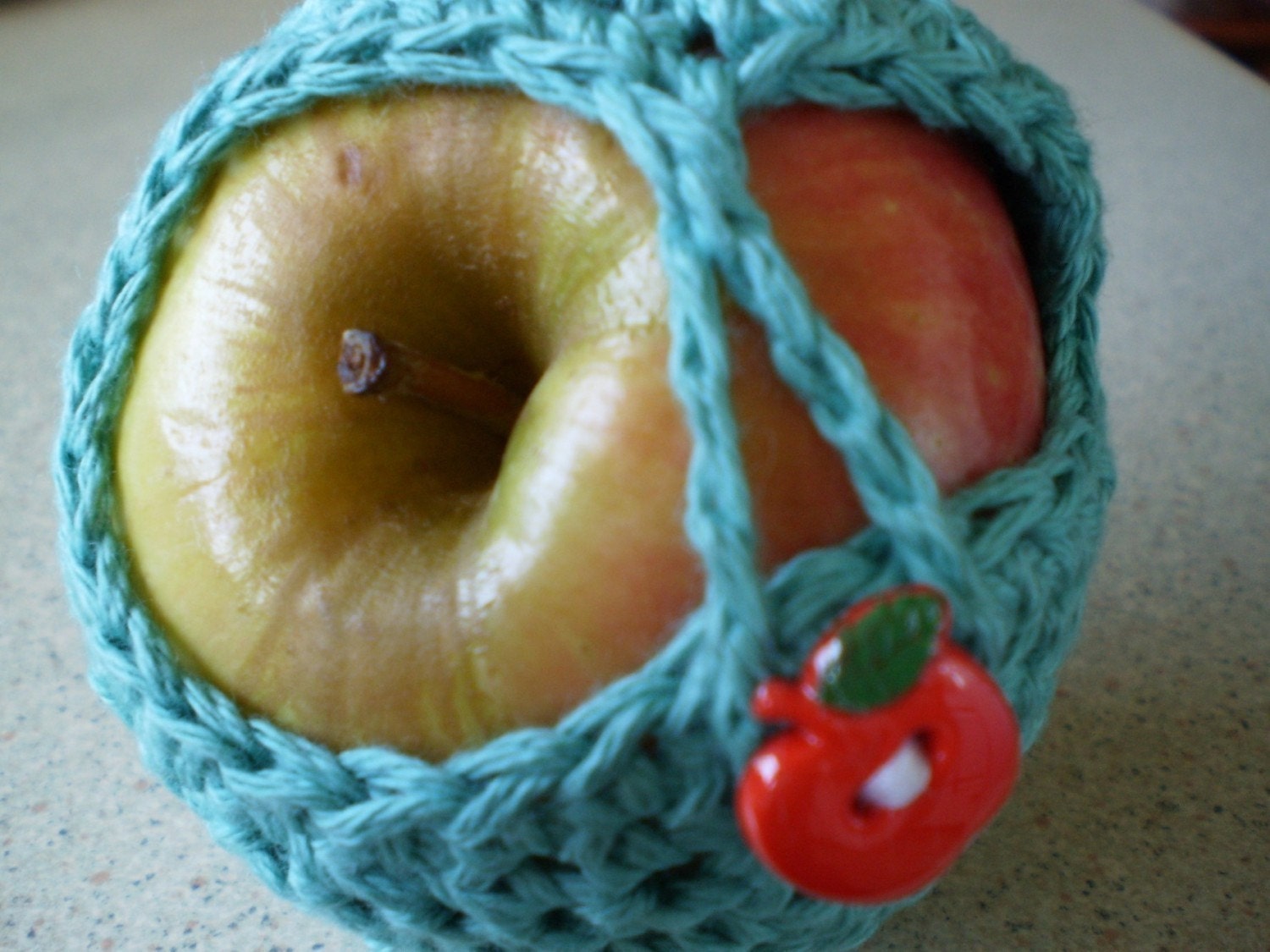 Crocheted Apple Jacket Cozy  Made From Jade Cotton Yarn