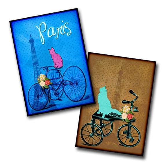 PIF - Paris Cats Art Card Digital Collage Sheet INSTANT DOWNLOAD