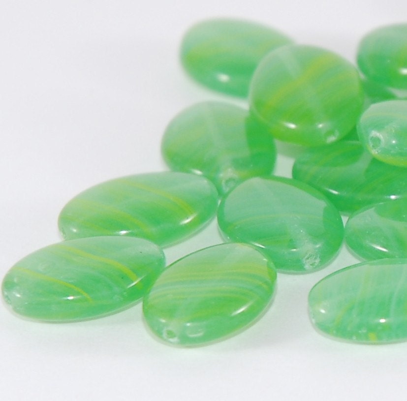 Green Yellow Marbled Czech Glass Bead 12x16mm  Oval Flat - 8 pieces   (ST540)