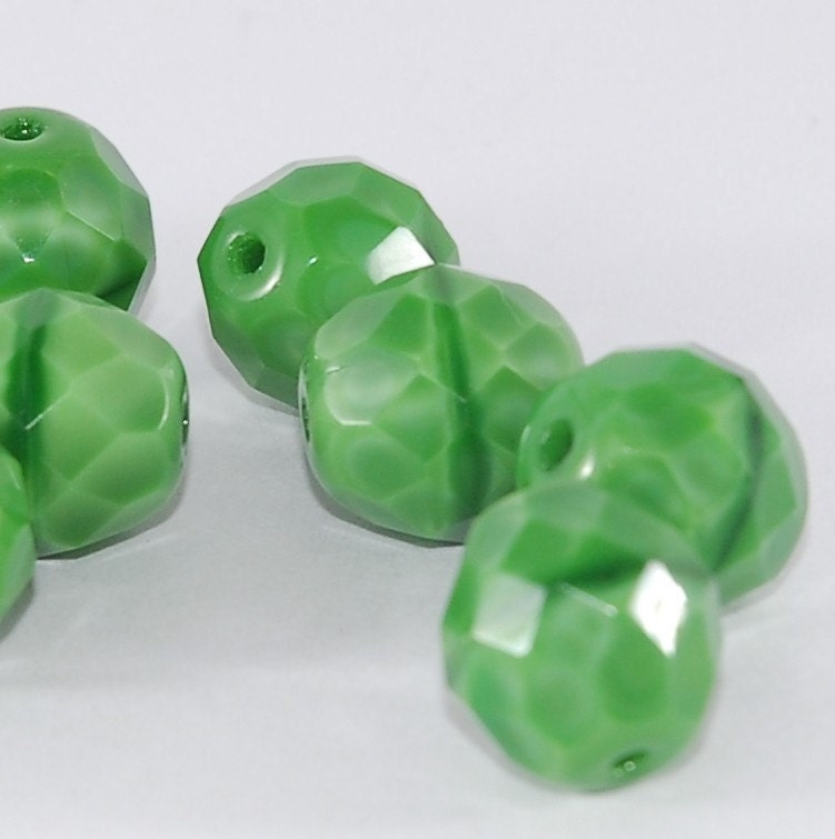 Green Silk Opaque Czech Fire Polish Glass 12mm Faceted Round - 10  pieces  (ST109)