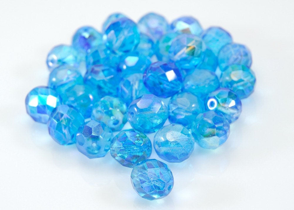 Czech Fire Polish Glass Bead Round 12mm Transparent Crystal Capri Blue Two Tone AB  (ST268-10)
