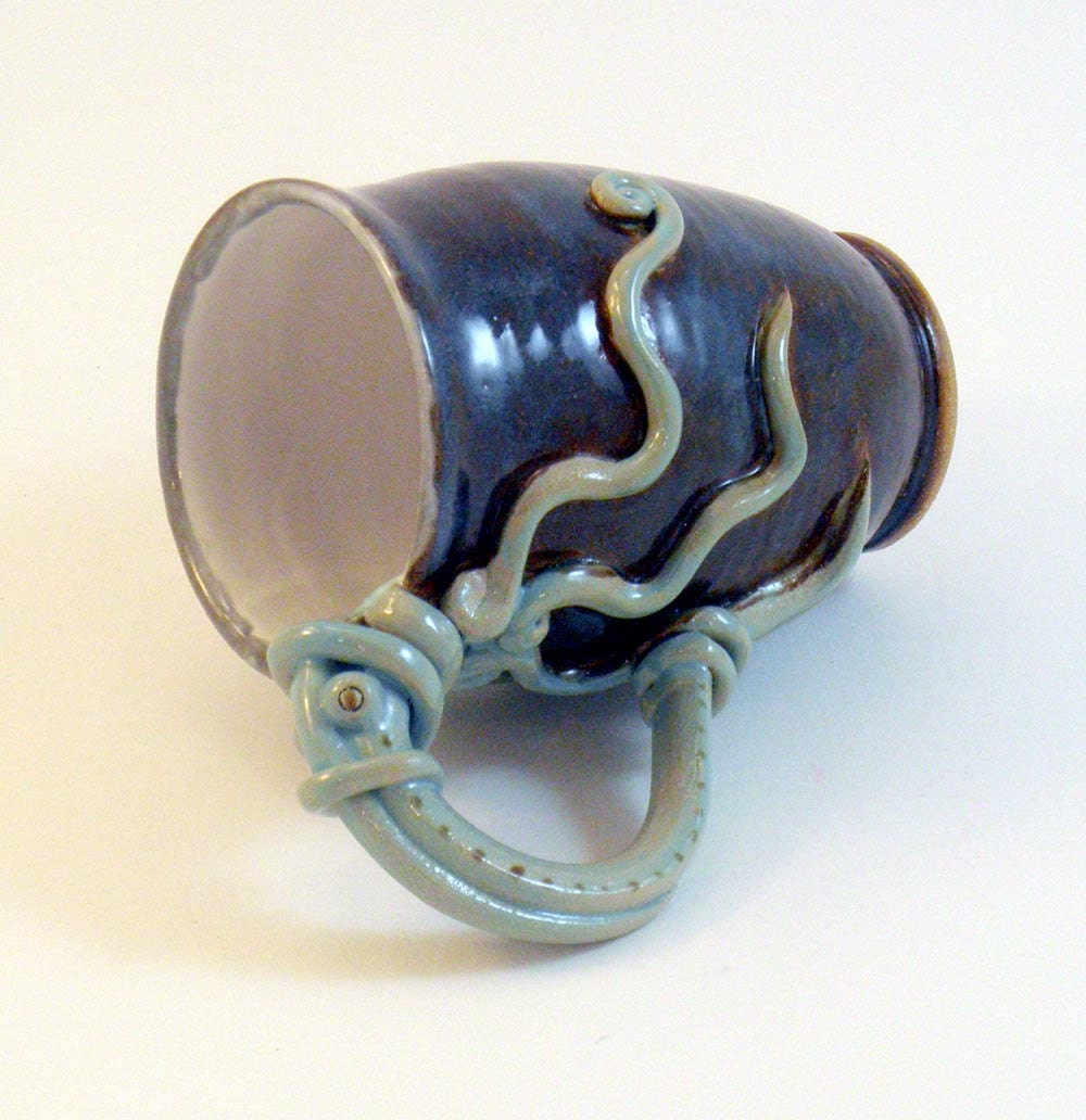 Squid Latte Mug- Inky Brown, Blue Octopus Stoneware