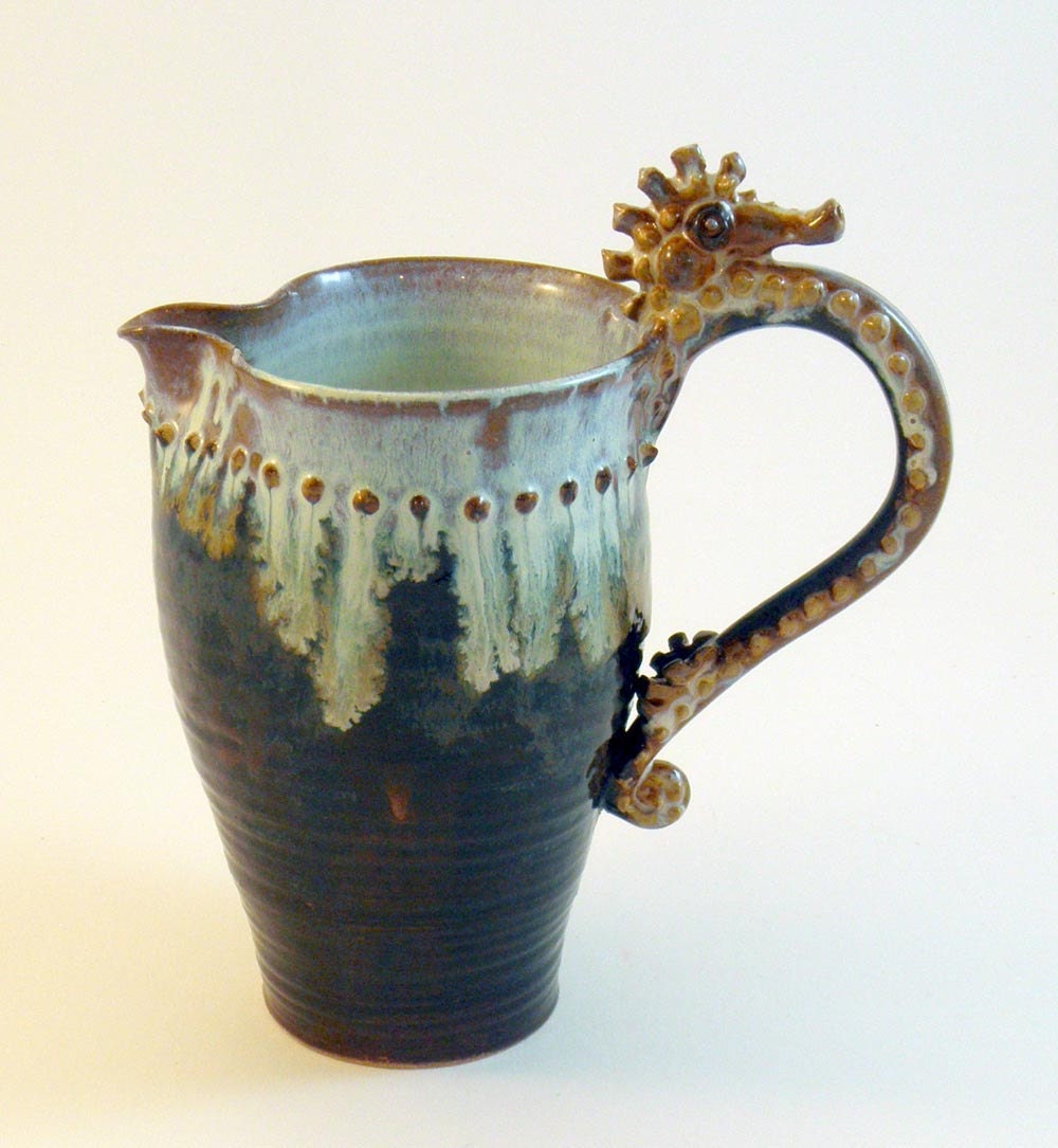 Seahorse Pitcher- Inky Brown, Milky White, Large Stoneware Ceramic