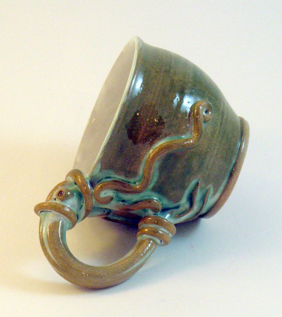 MUG, Squid - SALE - Moss Green and Turquoise Octopus on Natural Clay