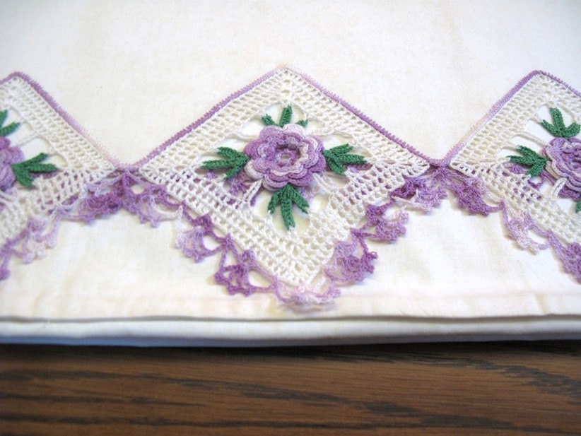 Cottage Style Crochet Pillowcase Set Purple Roses