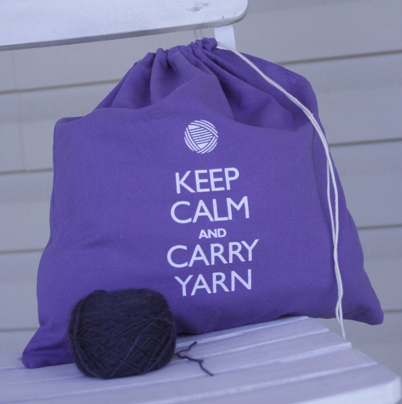 Large knitting project bag - Keep Calm and Carry Yarn - purple