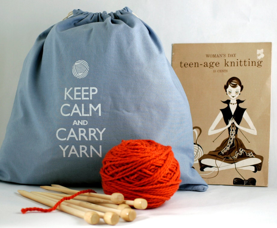 Large knitting project bag - Keep Calm and Carry Yarn - Wedgewood blue