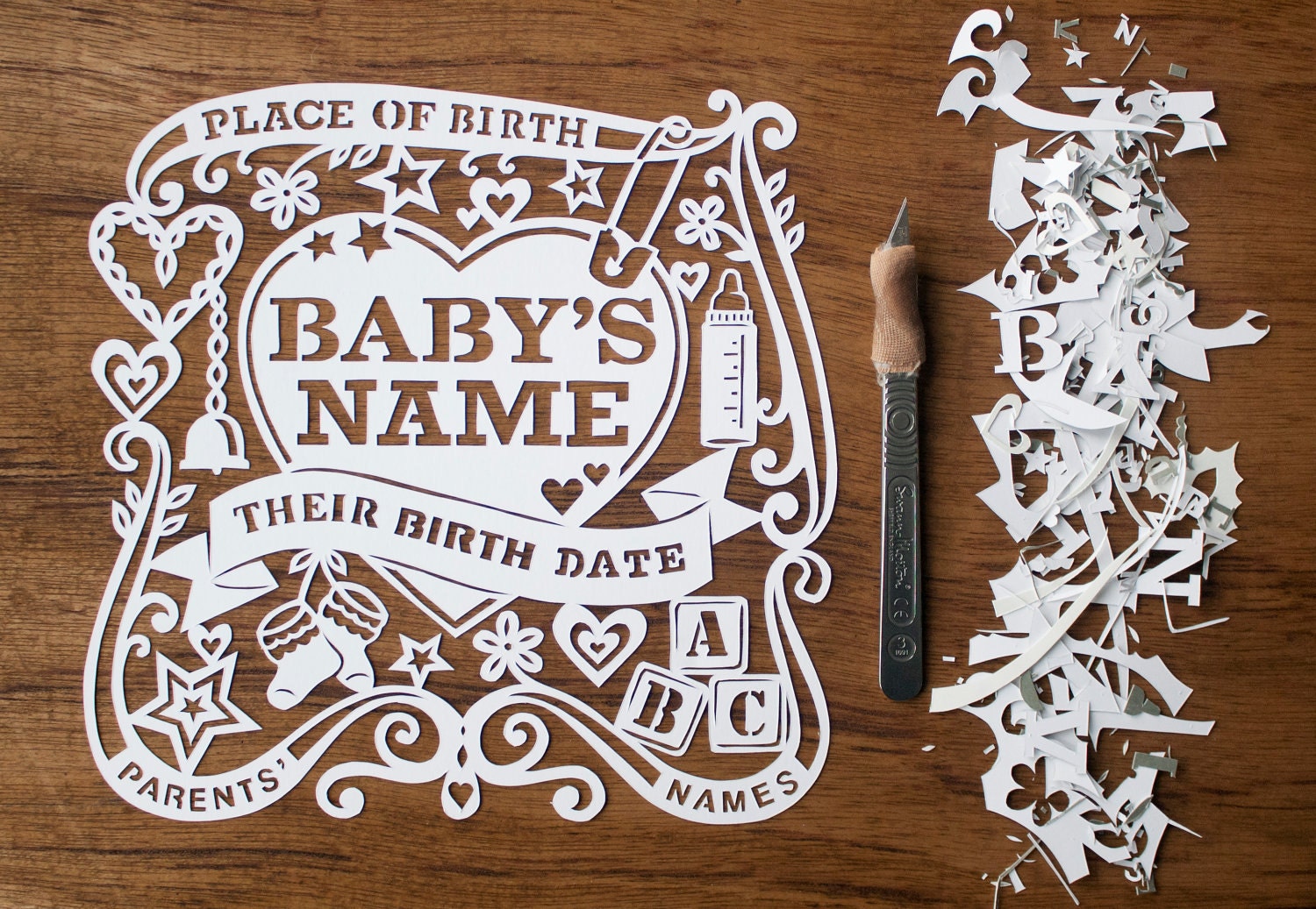 Welcoming a New Baby. Beautiful Personalised Handcut Papercut. Made to Order.