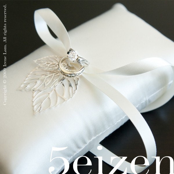 Leah Series - Ivory and Silver Leaves Wedding Ring Pillow
