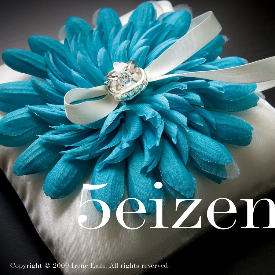 Nicole Series I- Blue Bloom and White Satin Wedding Ring Pillow