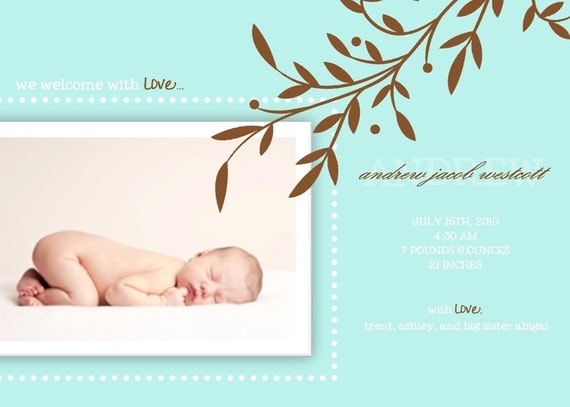 Simple Modern Branch Custom Photo Birth Announcement Il_570xn