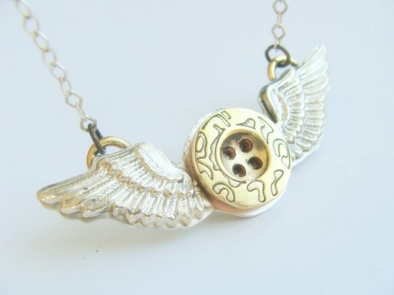 Button silver necklace - flying button embroidery jewelry