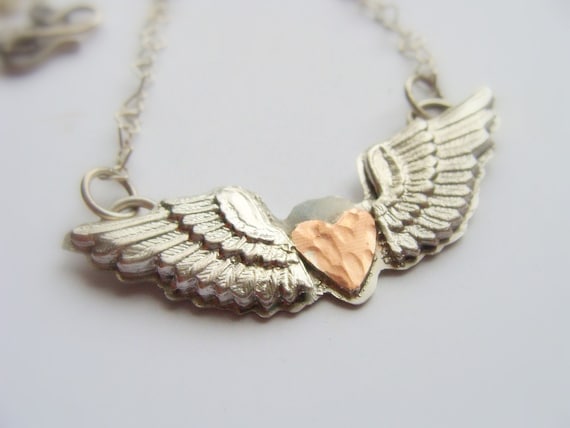 Valentine Winged Heart sterling silver necklace - Metalwork silver wings and cooper heart - Valentine necklace