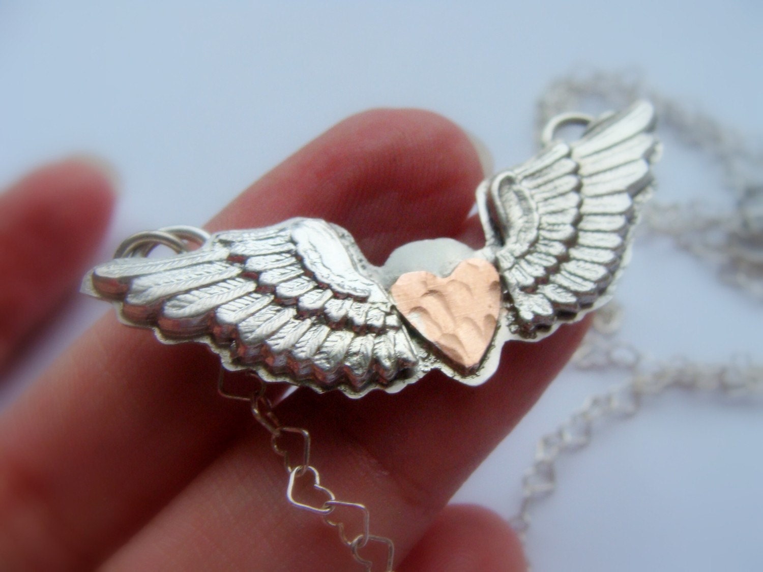 Valentine Winged Heart sterling silver necklace - Metalwork silver wings and cooper heart - Valentine necklace