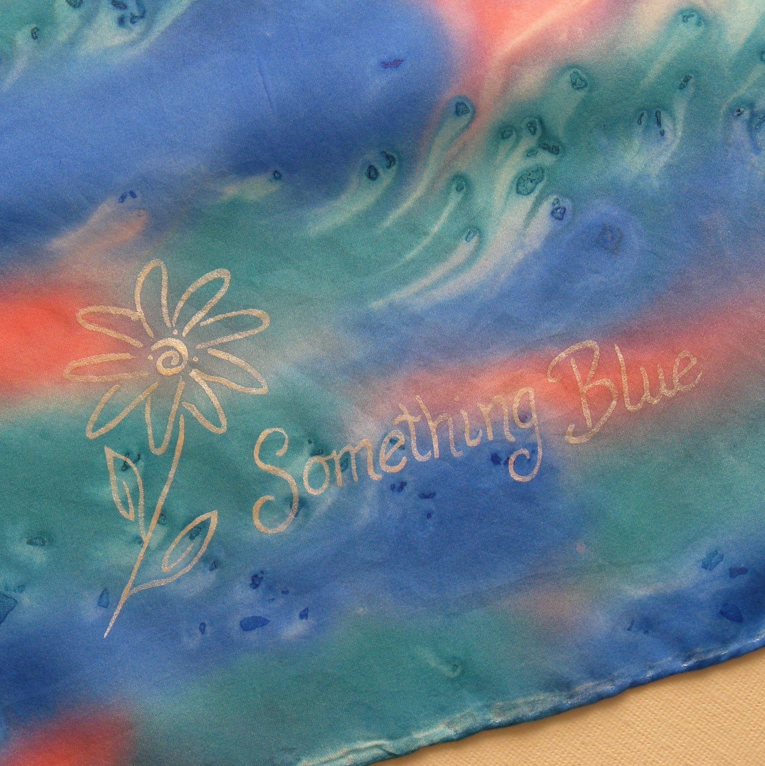 Something Blue Silk Handkerchief Hand Painted Ladies Bridal Hankie Scarf Blue Sapphire Turquoise Pink Salmon Coral Flower