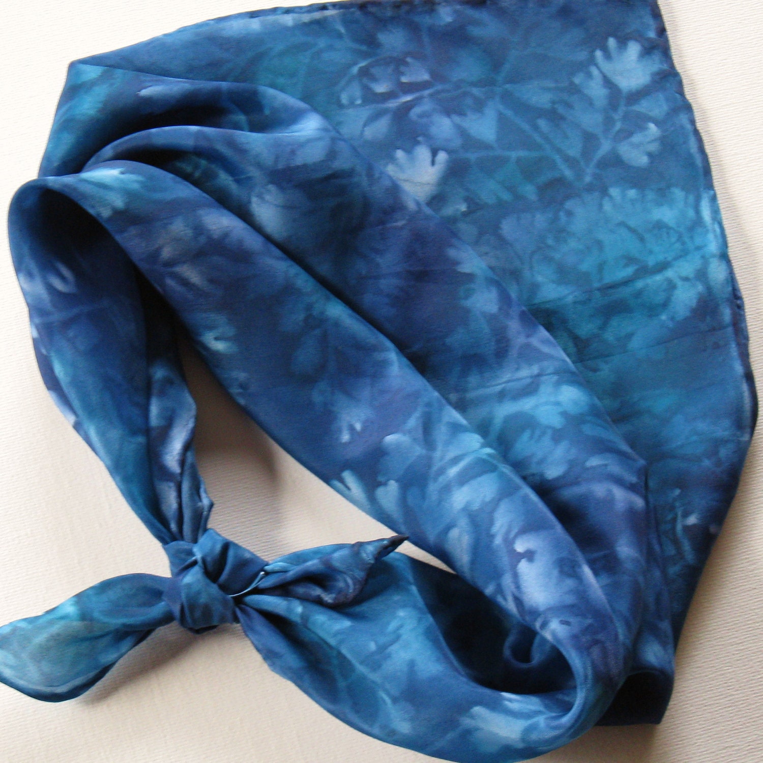 Silk Square Scarf - Reflections - Hand Painted Ladies Scarves Bandana Blue Navy Teal Turquoise Leaves