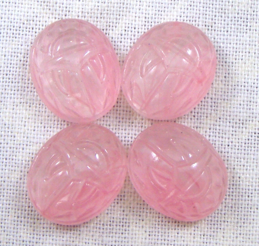 Vintage Glass Faux Rose Pink Quartz Scarab Cabochons, 12X10 MM, 4