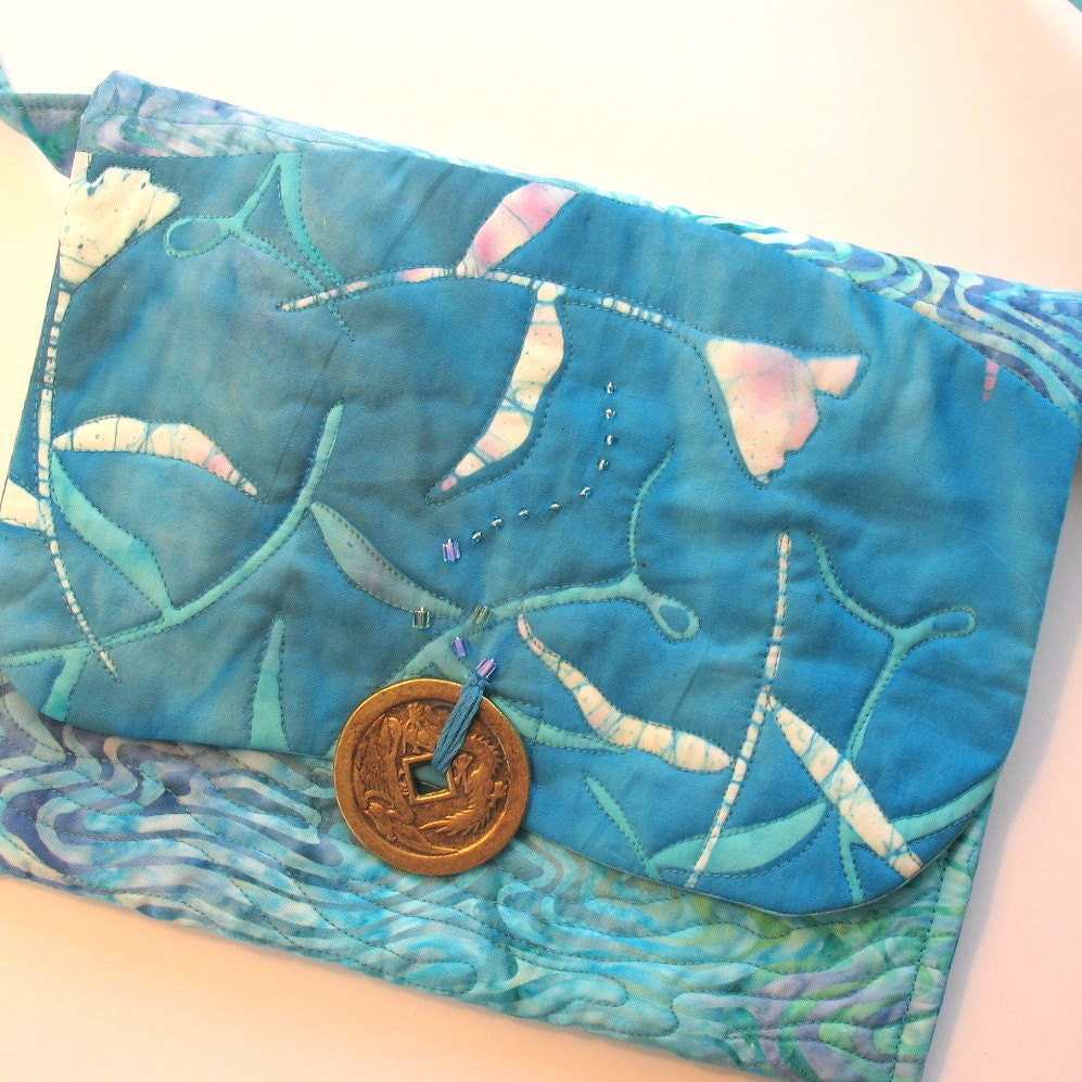 Quilted Art Purse, Turquoise Batik, Chinese Coin