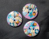 Handcrafted Lavender Ladybug Buttons Blue Flowers Polymer Clay No.88