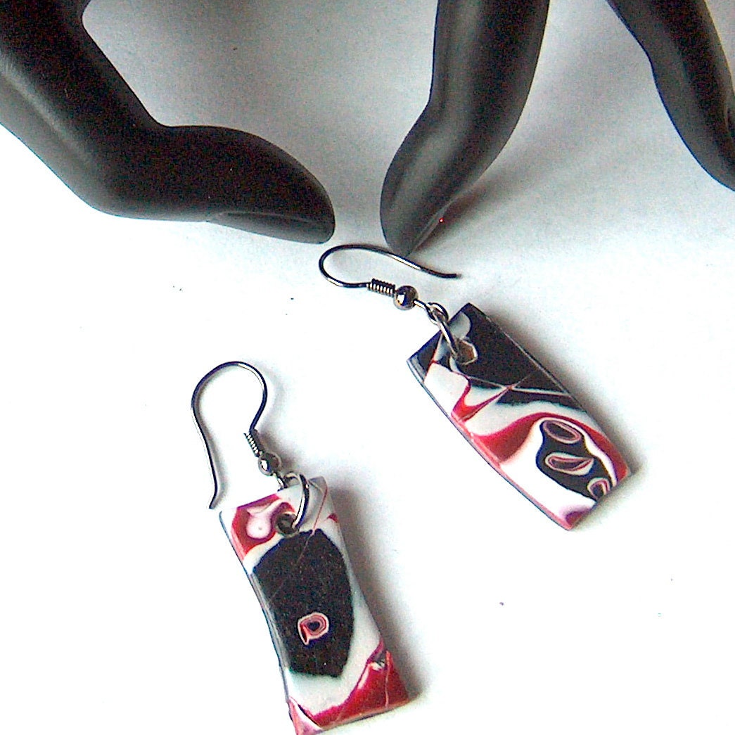 Mokume Gane Beaded Earrings Burgundy, White and Black, Mismatched