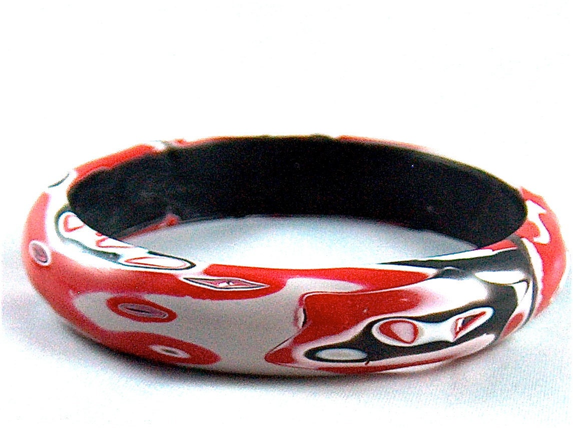 Red and Black Mokume Gane Bangle - Polymer Clay Bracelet Bangle