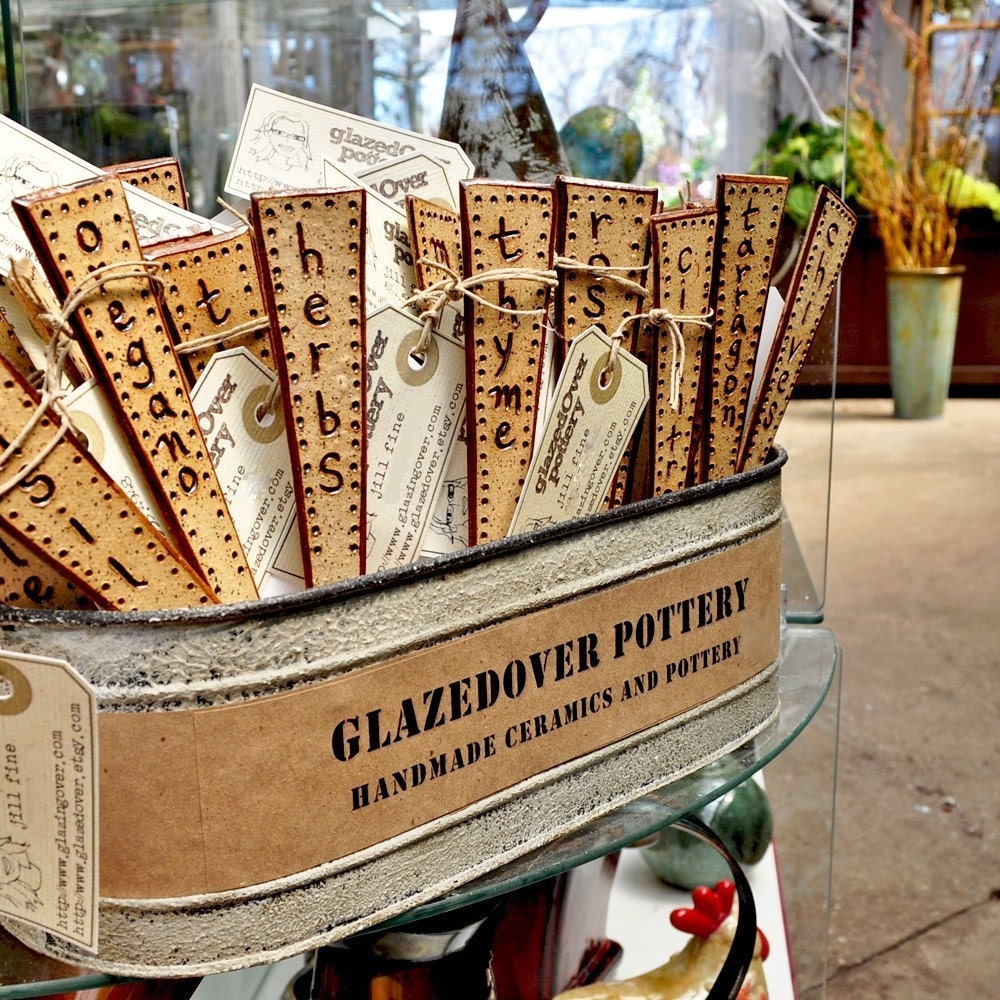 Rustic handmade ceramic HERB stakes garden markers (Set of 4)