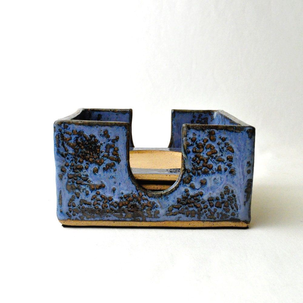 Ceramic Coasters with Holder (Set of 4) Cobalt blue handmade stoneware Serving trivets