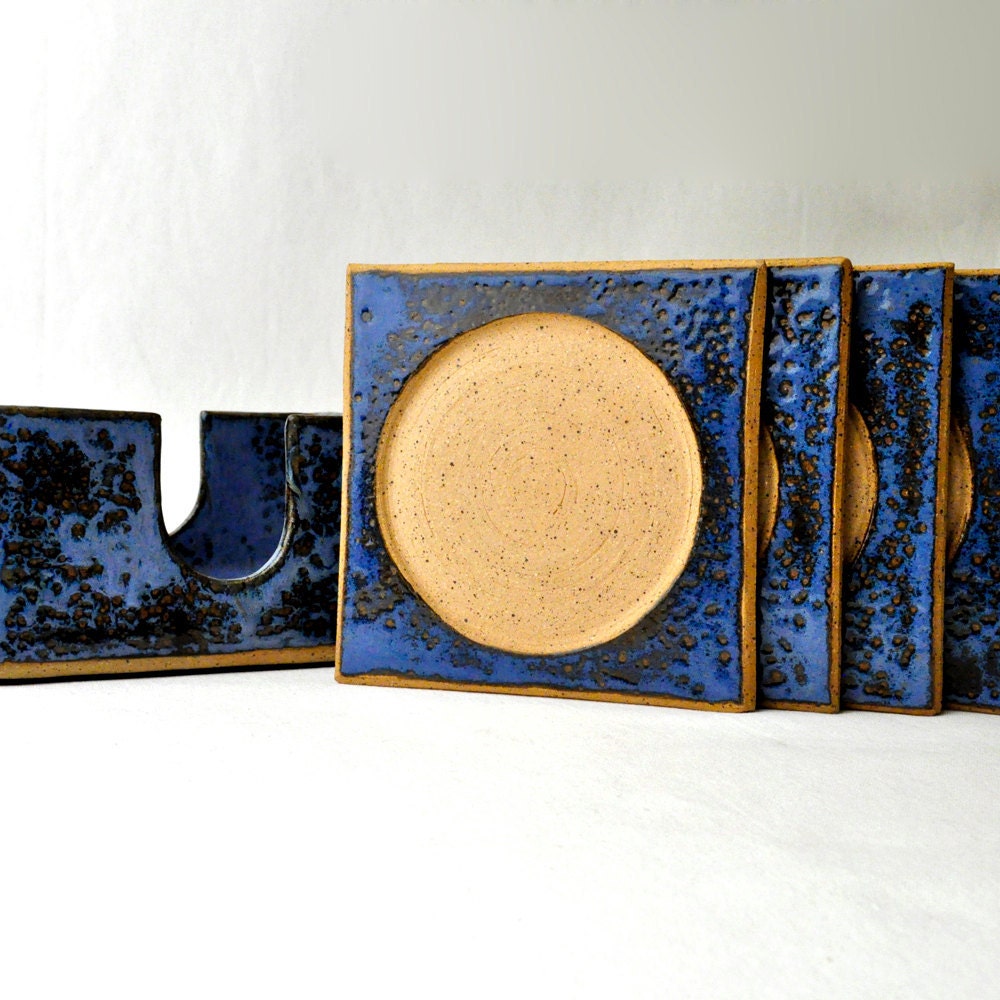 Ceramic Coasters with Holder (Set of 4) Cobalt blue handmade stoneware Serving trivets