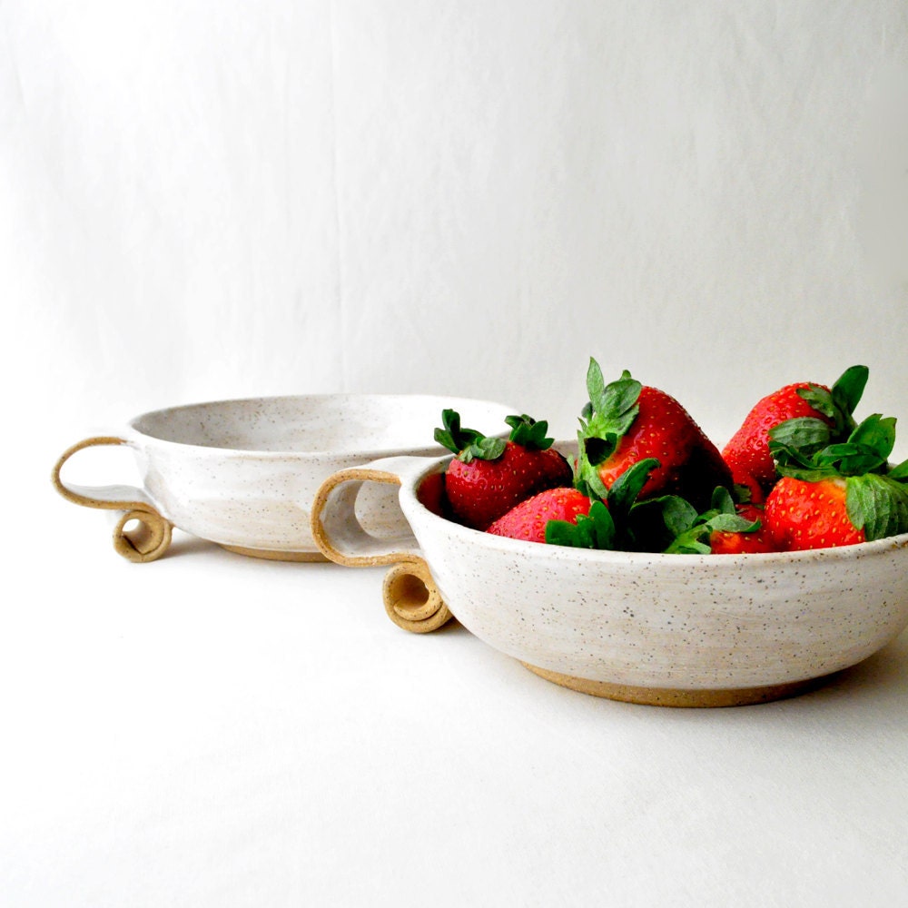 White ceramic bowls - scroll handle handmade soup bowls (Set of 2)