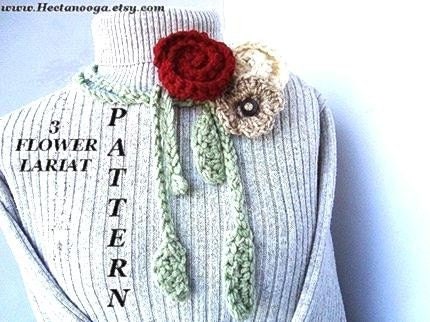Crochet Pattern 3 FLOWER LARIAT, scarf, cowl, accessories, clothing, women, 3 flowers, applique num. 126A