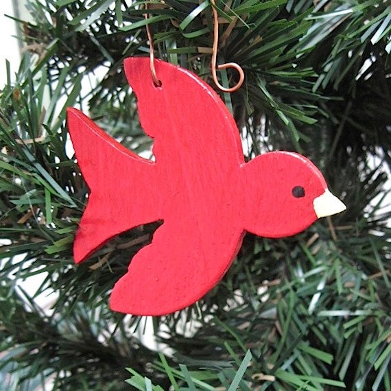 Red Bird Christmas Tree Ornament Hand Painted Wood Holiday Decor Woodland Folk Art Decoration - RoughMagicHolidays