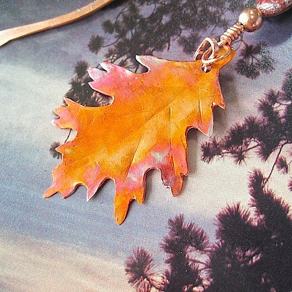 Copper Oak Leaf Bookmark Rustic Autumn Patina, Ocean Jasper Gemstone - RoughMagicHolidays