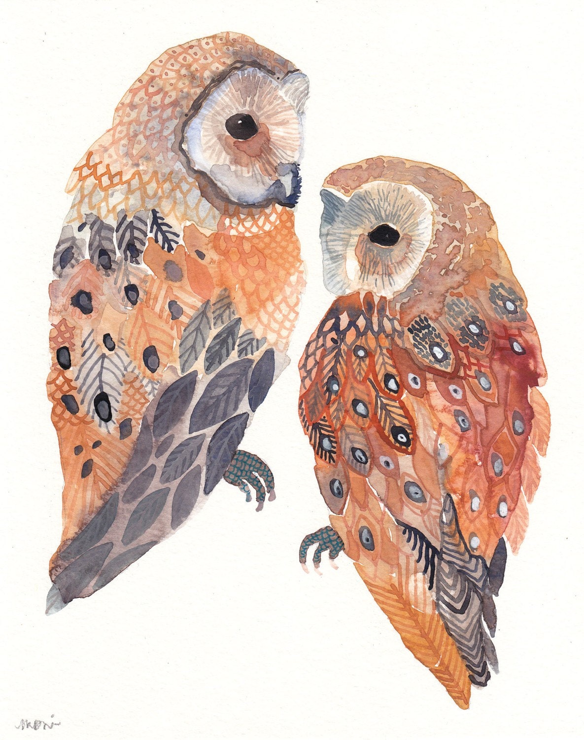 Two Barn Owls - Original watercolor painting