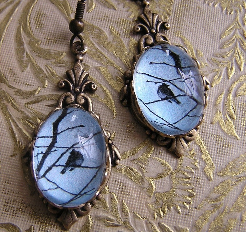 Pale Blue Bird on a Branch Art Deco Style Earrings