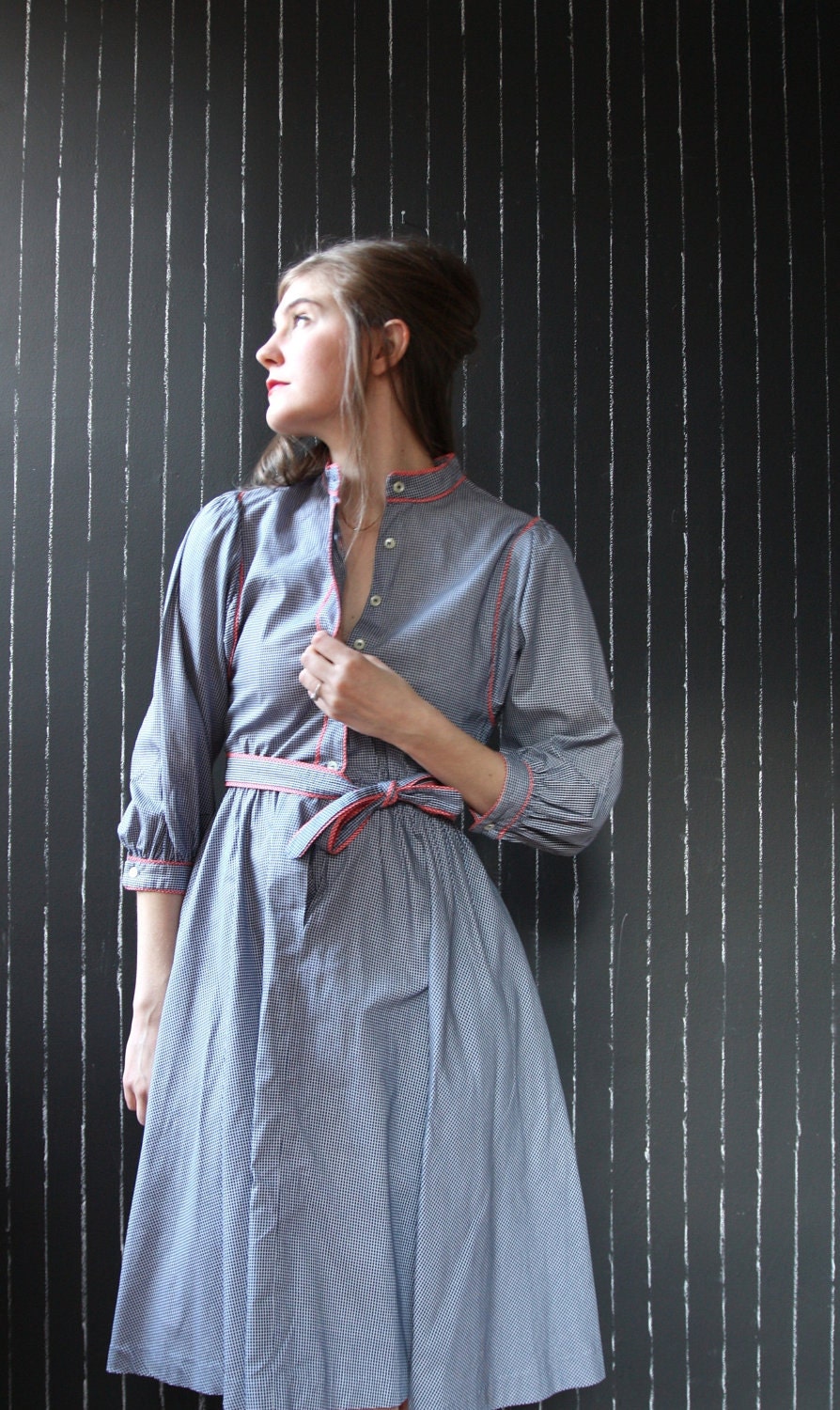 Vintage red, white and blue grid shirt dress from the 1970's