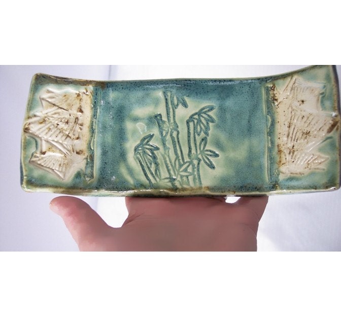 Ceramic Decorative Asian Motif Tray with Bamboo and Junk