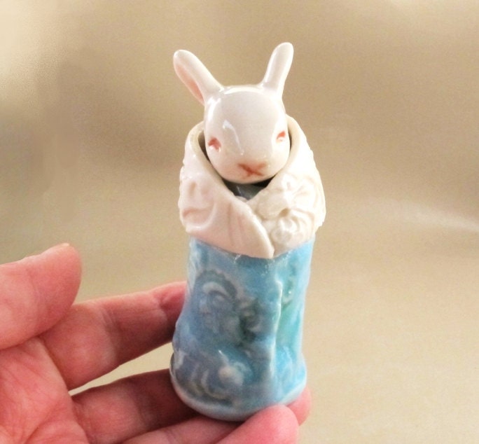 Miniature Sculpture Vessel - Ceramic Bunny Rabbit Zoomorphic Jar by Jill Taylor