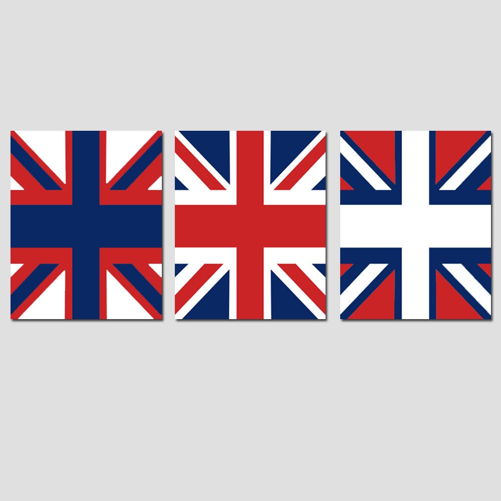 Union Jack Flag Trio - Set of Three 8x10 Coordinating British Prints - Red, White, and Blue - Choose Your Colors