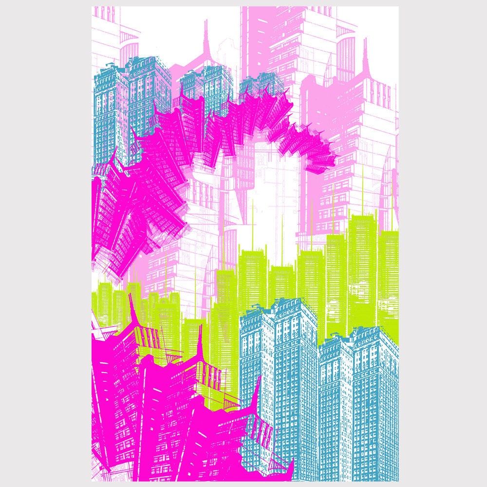 NYC Love - 13x19 - Poster Size Architectural Graphic Print - Neon Colorway - Hot Pink,  Aqua Blue, Lime Green