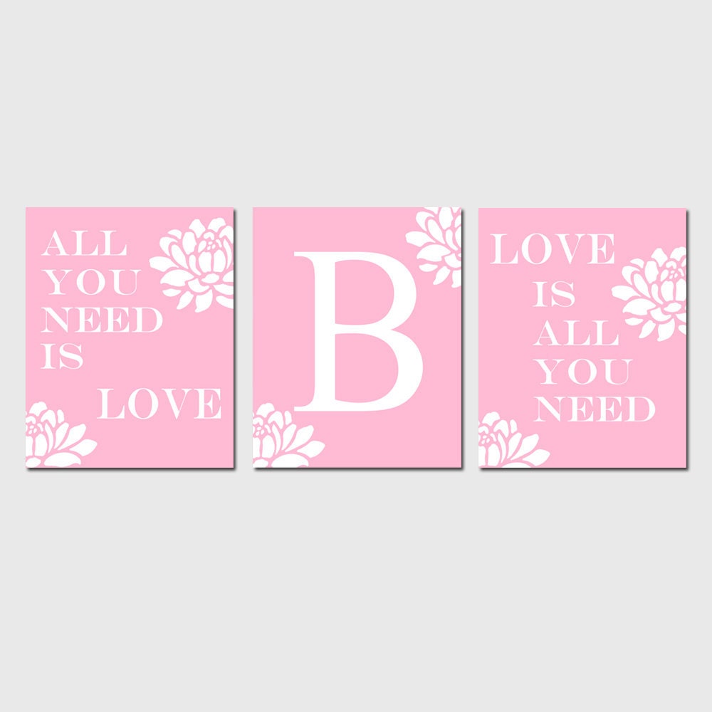 All You Need Is Love - Set of Three Modern Floral Monogram 8x10 Prints - Kids Wall Art for Nursery - Choose Your Colors