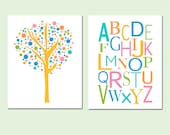 Kids Wall Art - Modern Alphabet and Tree Dot Duo - Set of Two 8x10 Prints - Nursery Decor for Children - Choose Your Colors
