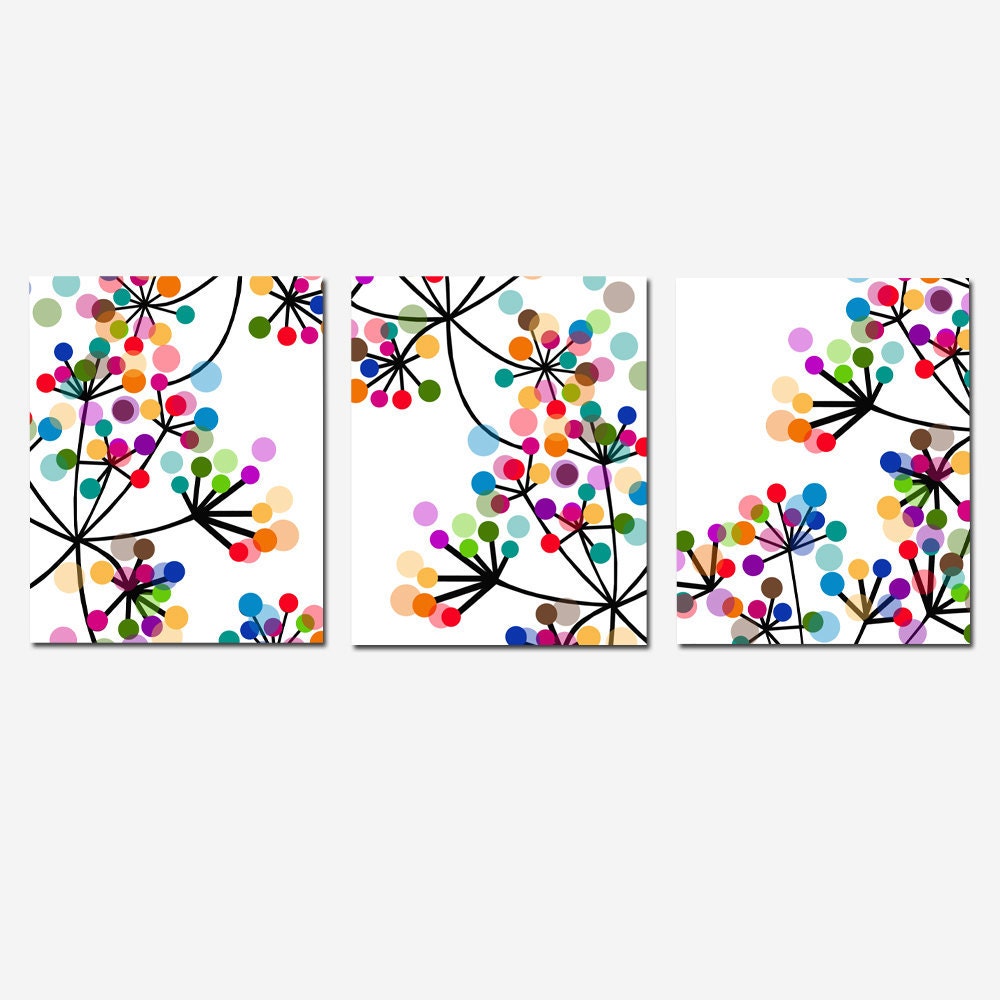 Modern Abstract Botanical Floral Trio - Set of Three 11x14 Prints - Black, White, Red, Purple, Orange, Blue, Aqua, Yellow, Brown, Green