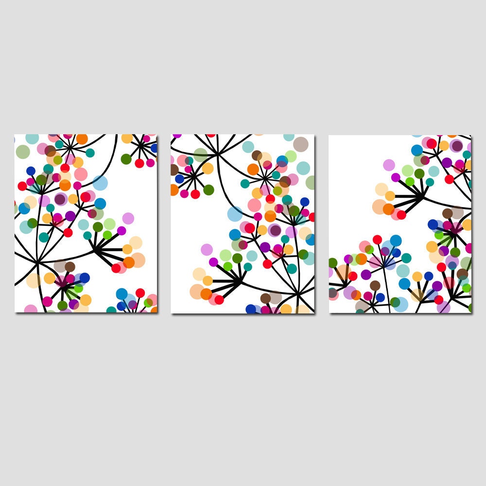 Modern Wall Art - Abstract Botanical Floral Trio - Set of Three 8x10 Prints - Black, White, Red, Purple, Orange, Blue, Aqua, and More