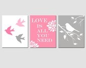 Modern Bird Love Trio - Set of Three 11x14 Prints - Modern Nursery Decor - Choose Your Colors - Shown in Pink, Gray, Yellow, and More