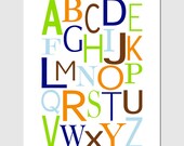 Modern Alphabet - 8x10 - Nursery Print - Matches Tiddliwinks Come Ride With Me - Navy Blue, Light Blue, Orange, Brown, Lime Green