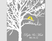 Lovebird Wedding Tree - 11x14 Customizable Print - Anniversary, WEDDING GIFT - Choose Your Colors - Shown in Gray and Yellow