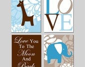 Modern Baby Elephant Giraffe Love Quad - Set of Four 8x10 Nursery Prints - Love You To The Moon Quote - Choose Your Colors